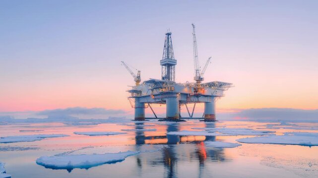 Massive offshore oil rig standing resilient amid floating ice in Arctic waters under clear sky