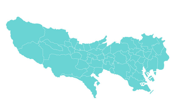 分割できる東京都の地図のイラスト（水色）　市、町、村、区　パーツ分け