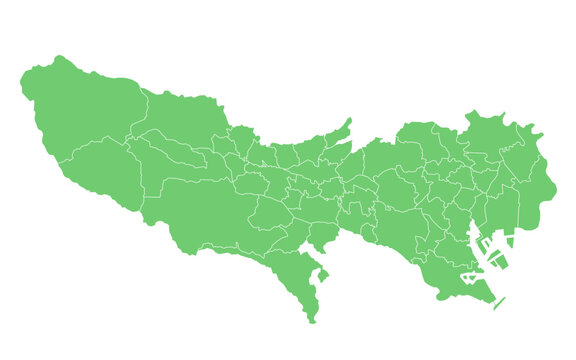 分割できる東京都の地図のイラスト（緑色）　市、町、村、区　パーツ分け