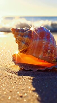 A vibrant conch shell sits on a sun-kissed sandy beach with sparkling water droplets and gentle ocean waves in the background.