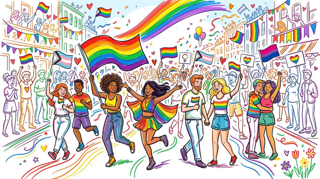 Colorful Pride Parade Celebration with Diverse People Holding Flags.