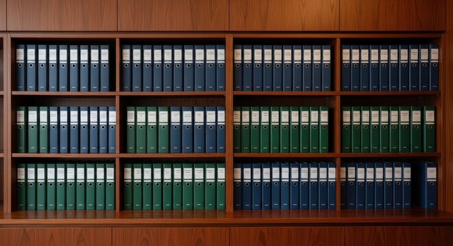 Organized wooden bookshelves filled with rows of blue and green binders, creating a tidy archival storage system.