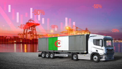 Algeria Cargo Truck: A commercial truck, prominently displaying Algeria's national flag, stands at a bustling port. Economic indicators in the background suggest trade activity.  © bao
