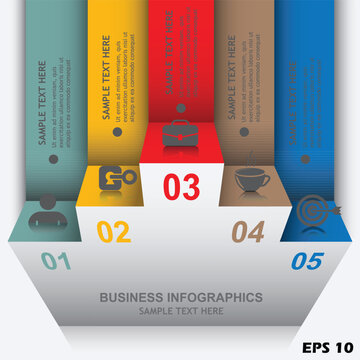 5-Step Strategic Podium Infographic. Professional Vector Template with Tiered Paper-Fold Pedestal, Corporate Milestone Banners, and Achievement Icons.