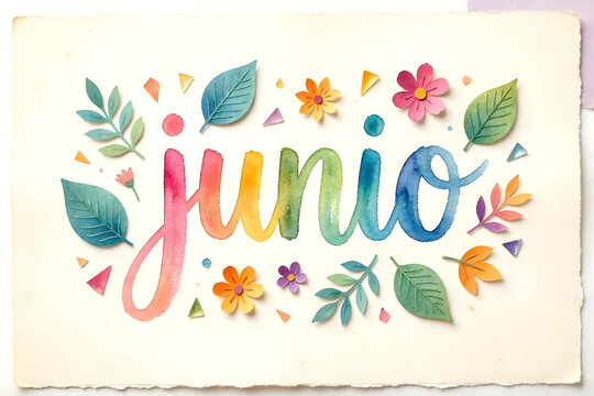 Texto de Junio con colores arco&iacute;ris con acuarela