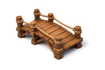 Obraz premium Cartoon Wooden Bridge Segment with Rope Railing Illustration