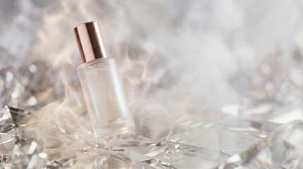 Fototapeta premium Floating translucent skincare bottle surrounded by soft atmospheric fog and reflective crystal surfaces