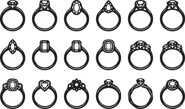 Black and white vector ring icons, 20 jewelry design elements, diamond engagement rings, wedding ring illustrations