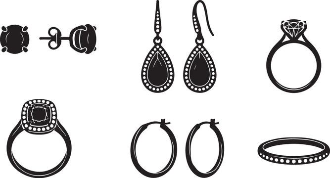 Black jewelry set, earrings and rings, minimalist design, accessories collection, 7 pieces