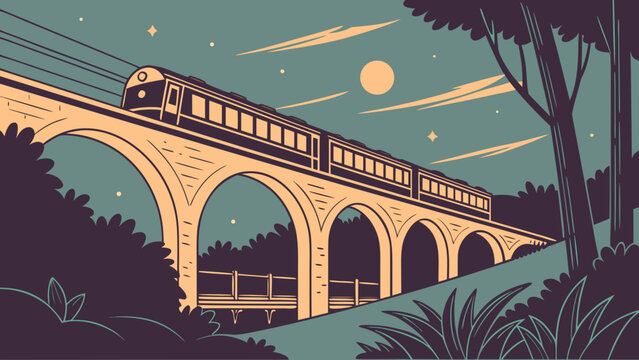 Vintage Style Train Crossing Stone Viaduct Bridge at Night