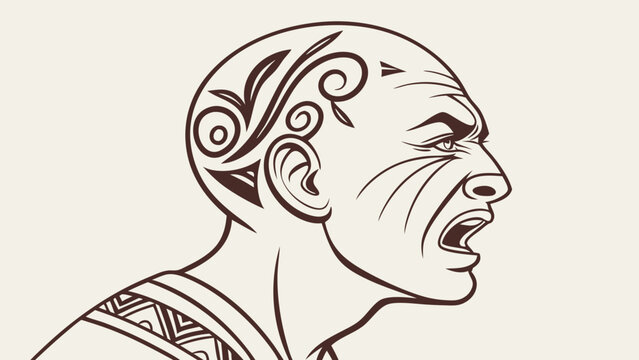 Aggressive Tribal Warrior Profile Line Art Drawing of Shouting Bald Man