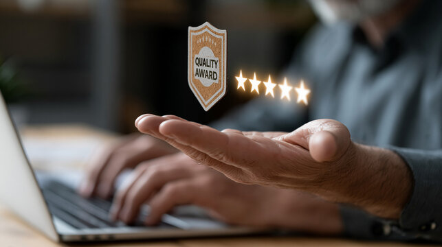 Quality Service Excellence: A person showcases an emblem of service excellence with five shining stars, signifying top-tier performance and dedication to exceptional quality.