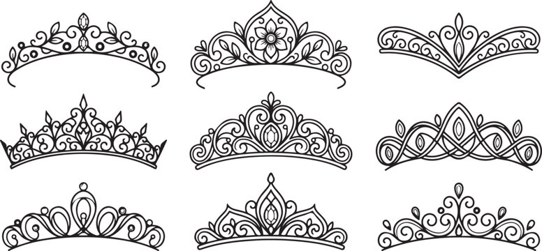 Elegant Crown, Tiara, Jewelry Vector Illustrations, 8 Ornate Designs, Black and White