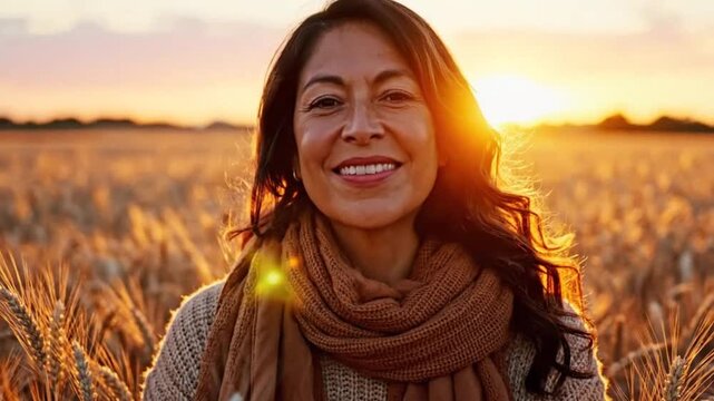 Woman smiling in wheat field at sunset for outdoor lifestyle brands and nature documentaries