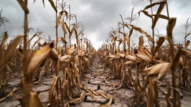 Dried corn field with cracked soil highlighting environmental conservation and serenity