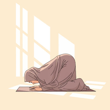 Minimalist vector illustration of a Muslim woman wearing a brown hijab and modest dress performing sujud prostration on a prayer mat, with window light shadows on the wall.