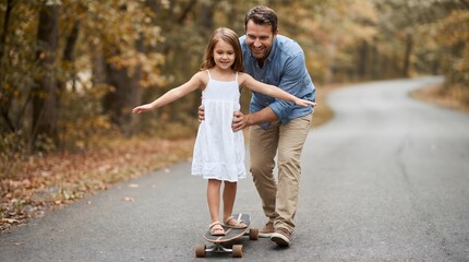 Obraz premium Father teaching his daughter to skateboard on a paved road surrounded by trees in autumn