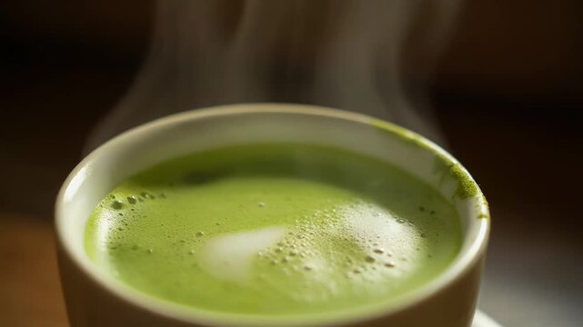Hot Steaming Matcha Green Tea in a Cup 4K Generative AI