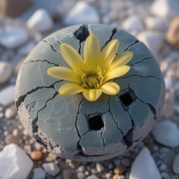 Lithops living stone succulent with bright yellow flower blooming from cracked stone, desert flora, cactus bloom, exotic succulent