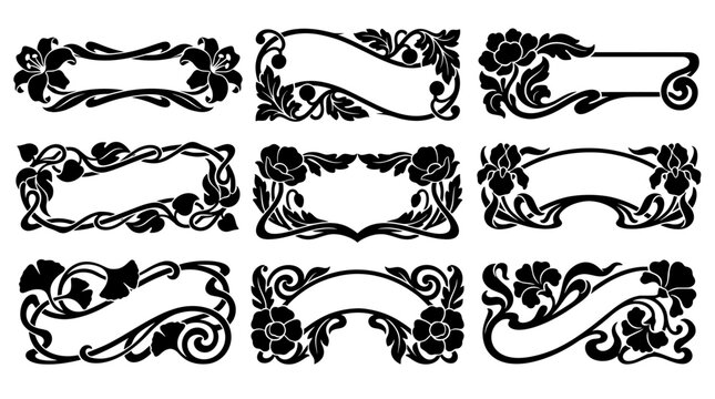 Set of black Art Nouveau floral lower third banners and vintage silhouette text frames. Elegant botanical border elements for retro graphic designs