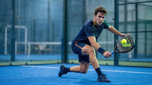Professional padel player lunging for a fast ball on an indoor court. Athletic specialist training with racket and netted enclosure during a competitive racket sports session.