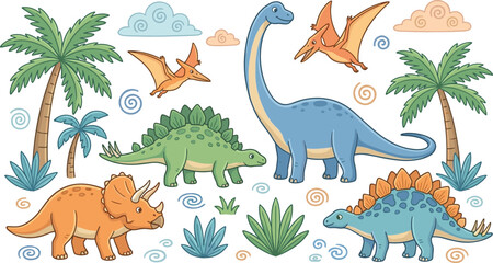 Cute Dinosaur Vector Illustration Set with Triceratops, Stegosaurus, Brachiosaurus, Pterodactyls, and Prehistoric Jungle Landscape Elements © MdJalal