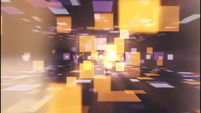 A bright, glowing cube with radiating light beams in a dark space filled with floating squares