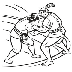 Obraz premium Sumo wrestlers grappling, bold sketch line art vector illustration