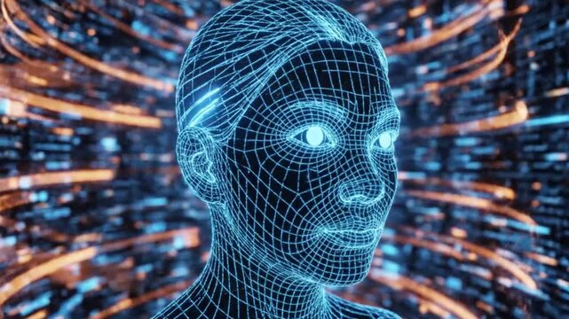 Digital wireframe human head symbolizing conceptual art and dynamic energy