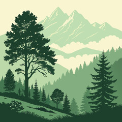 Fototapeta premium Stylized vector illustration of a serene mountain landscape with lush green forests and layered trees, evoking a sense of tranquil wilderness and natural beauty