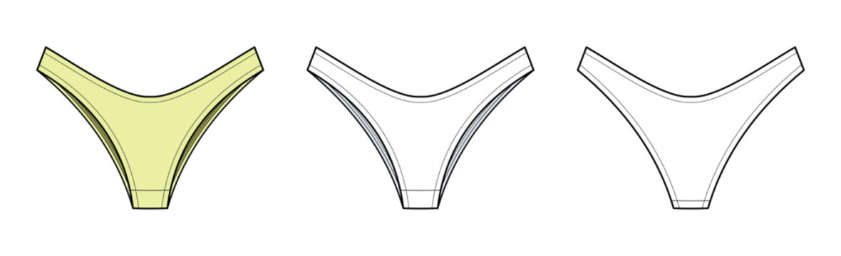 Minimal Thong Bikini Bottom Technical Fashion Illustration. Women Swimwear Vector Template. Front and Back View. Clean Seamless Look. High Cut Leg. Simple Design. CAD Mockup Set.