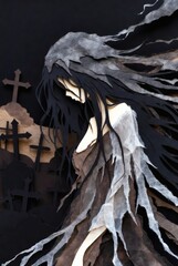 Fototapeta premium Haunted Female Spirit In Dark Fantasy Style, Dark Gothic Paper Cut Phantom, Eerie Cemetery Ghost Woman Illustration