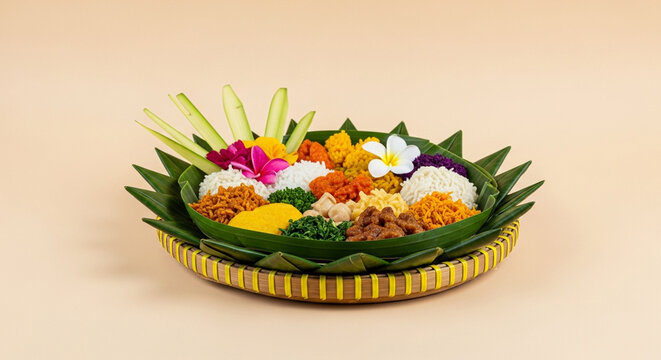 Traditional Balinese Hindu Offering Banten with Rice and Flowers