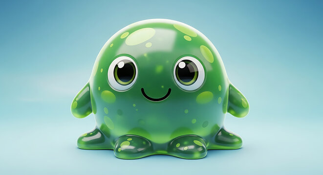 Smiling green blob creature with purple spots sitting on surface
