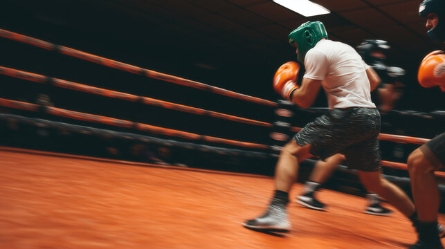 Boxing boxer sparring ring glove headgear athletic training session inside boxing gym, action motion blur, competition fight