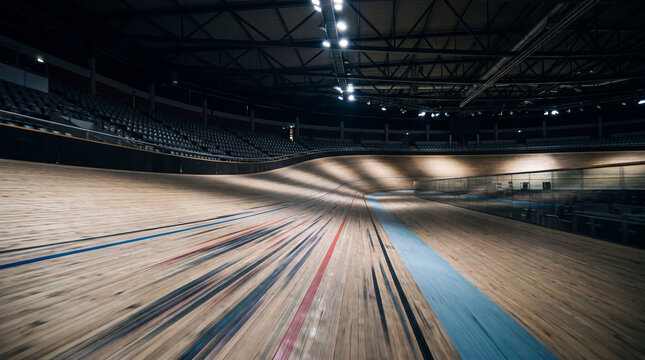 Empty velodrome with blurred cycling lines suggesting intense speed under dramatic arena lighting sports photography