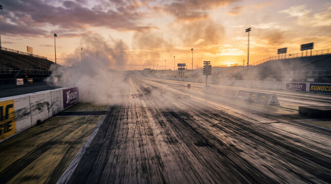 Blurred Asphalt And Tire Smoke On Empty Drag Strip At Golden Hour Racing Scene Background