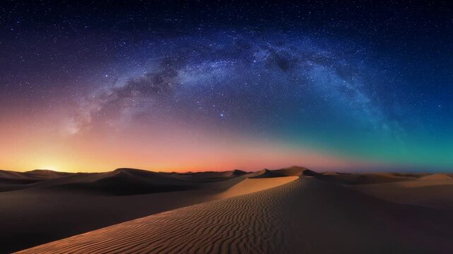 Mesmerizing night sky over vast desert dunes with Milky Way arching across stars