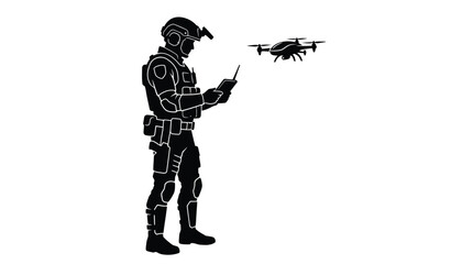 Naklejka premium Tactical soldier in full uniform operating a remote controlled drone in this high contrast illustration