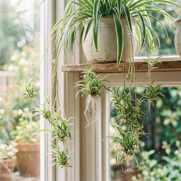 Spider Plant Babies Cascading With Delicate Visible Roots In Soft Natural Light For Botanical Interiors
