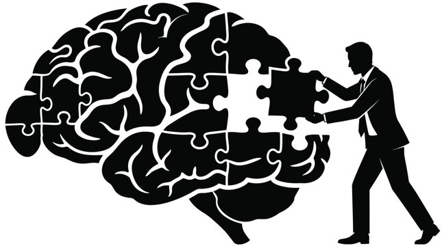 Businessman placing the final puzzle piece into a large human brain silhouette for mental solution