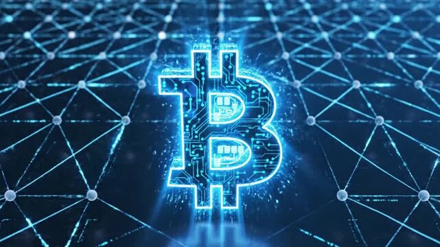 Digital Bitcoin symbol on network emphasizing network speed and cloud computing