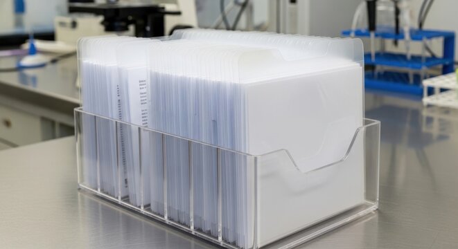 Precisely aligned transparent archival sleeves in a laboratory storage organizer