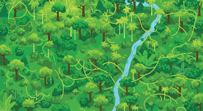 Tropical jungle landscape with river, lush green rainforest aerial view, dense forest vegetation with vines and exotic trees, nature background vector