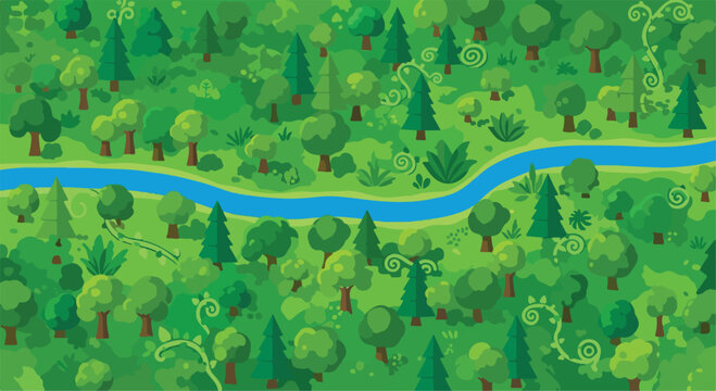 Cartoon forest landscape with blue river, lush green woodland background vector, top view nature scenery for game design and children books