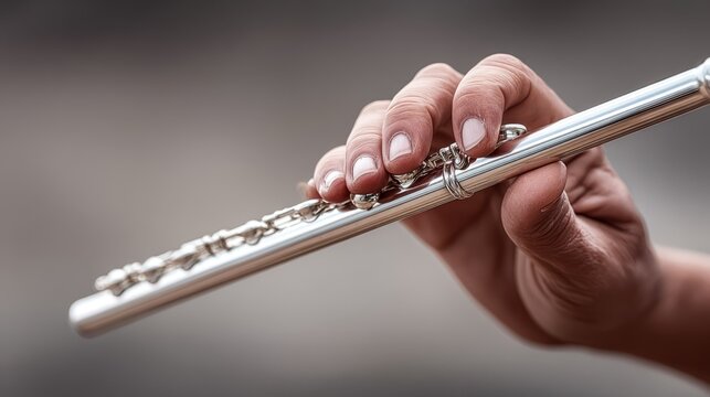 A close view of fingers poised on a polished silver flute highlights musical craftsmanship and delicate performance, ideal for lessons, concerts, or artistic promotional materials.