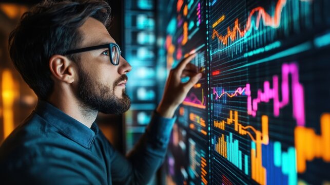 A businessman in glasses analyzes data on a large screen, using his finger to interact with the information.