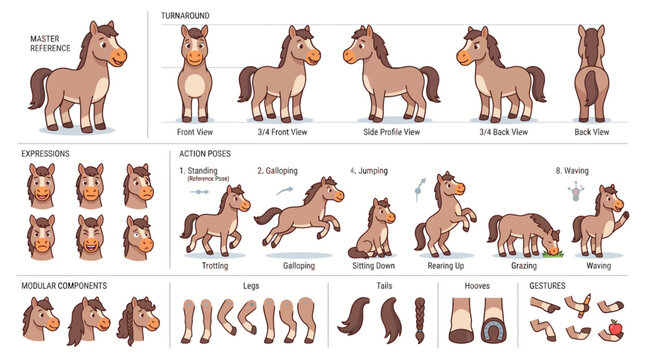 Comprehensive character design sheet featuring a cute cartoon horse in various poses, expressions, and modular components, ideal for animation and game development.
