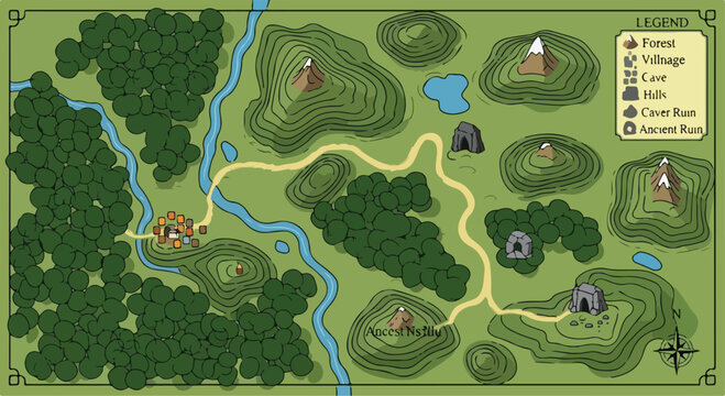 Fantasy world map vector with forest and mountains, medieval adventure cartography illustration, tabletop rpg game map with legend and icons