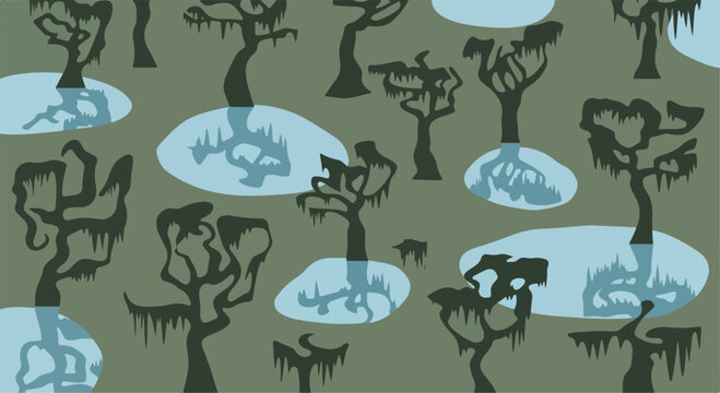 Spooky swamp landscape with cypress tree silhouettes, dark bayou forest with moss and water puddles, eerie wetland vector background for halloween